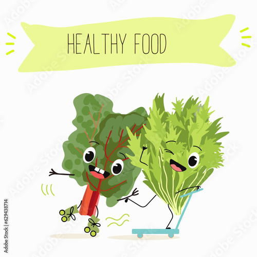 Illustration with funny cartoon characters chard
mitsuna, salad, vegetable. Funny and healthy food. Vitamins, cute face food, ingredients, vegetarian, vector cartoon.