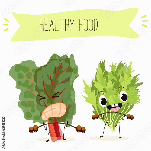 Illustration with funny cartoon characters chard
mitsuna, salad, vegetable. Funny and healthy food. Vitamins, cute face food, ingredients, vegetarian, vector cartoon.