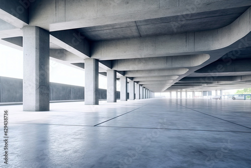 Modern concrete architecture building, exterior floor and roof, zone of car park, construction building, with empty space in clean design, with Generative Ai.