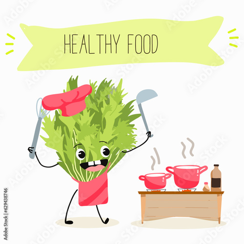 Illustration with funny cartoon characters chard
mitsuna, salad, vegetable. Funny and healthy food. Vitamins, cute face food, ingredients, vegetarian, vector cartoon.