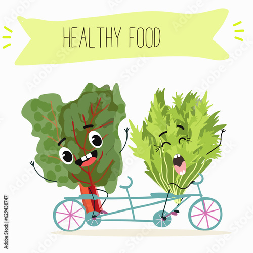 Illustration with funny cartoon characters chard
mitsuna, salad, vegetable. Funny and healthy food. Vitamins, cute face food, ingredients, vegetarian, vector cartoon.