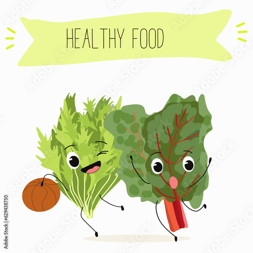 Illustration with funny cartoon characters chard
mitsuna, salad, vegetable. Funny and healthy food. Vitamins, cute face food, ingredients, vegetarian, vector cartoon.