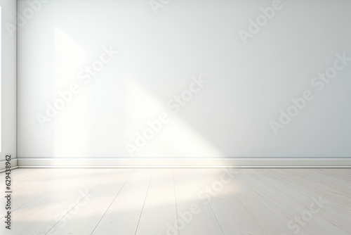 Minimal interior empty room with blank wall and floor with natural sun light cast shadow of window  cozy tone style background  copy space for mock-up  with Generative Ai.