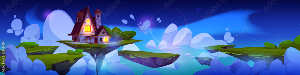 Fantasy house floating on magic island in night sky. Vector cartoon illustration of fairytale cottage with light in windows flying on land surrounded by stars and fluffy clouds, game level platform Fantasy house floating on magic island in night sky. Vector cartoon illustration of fairytale cottage with light in windows flying on land surrounded by stars and fluffy clouds, game level platform
