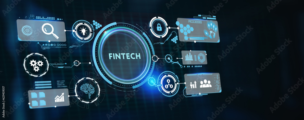 Fintech Financial technology Cryptocurrency investment and digital money. Business concept on virtual screen. 3d illustration