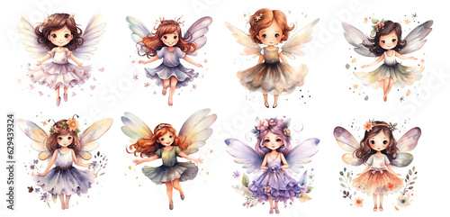 set of cute Fairy Girls in watercolor with transparent background, png, generated ai