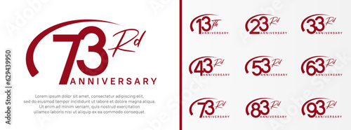 set of anniversary logo red color number and swoosh on white background for celebration