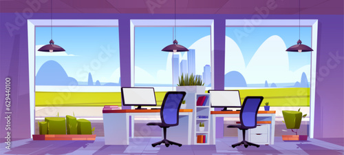 Company office interior with furniture and cityscape skyscrapers view in large windows. Vector cartoon illustration of room with laptops and folders on desks, chairs, lamps. Business workspace
