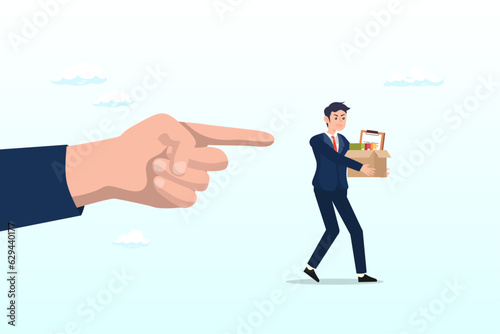 Boss pointing finger to fires, layoff misconduct employee,fired employee, layoff or dismissal worker, misconduct or under perform staff, failure or trouble employment, jobless, unemployment (Vector)