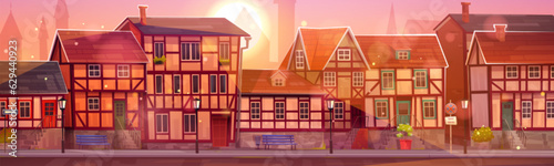 Old germany medieval town street on sunset cartoon landscape. Ancient european village with bavaria stone building and historical fachwerk scenery. Panoramic summer german cityscape scene with road