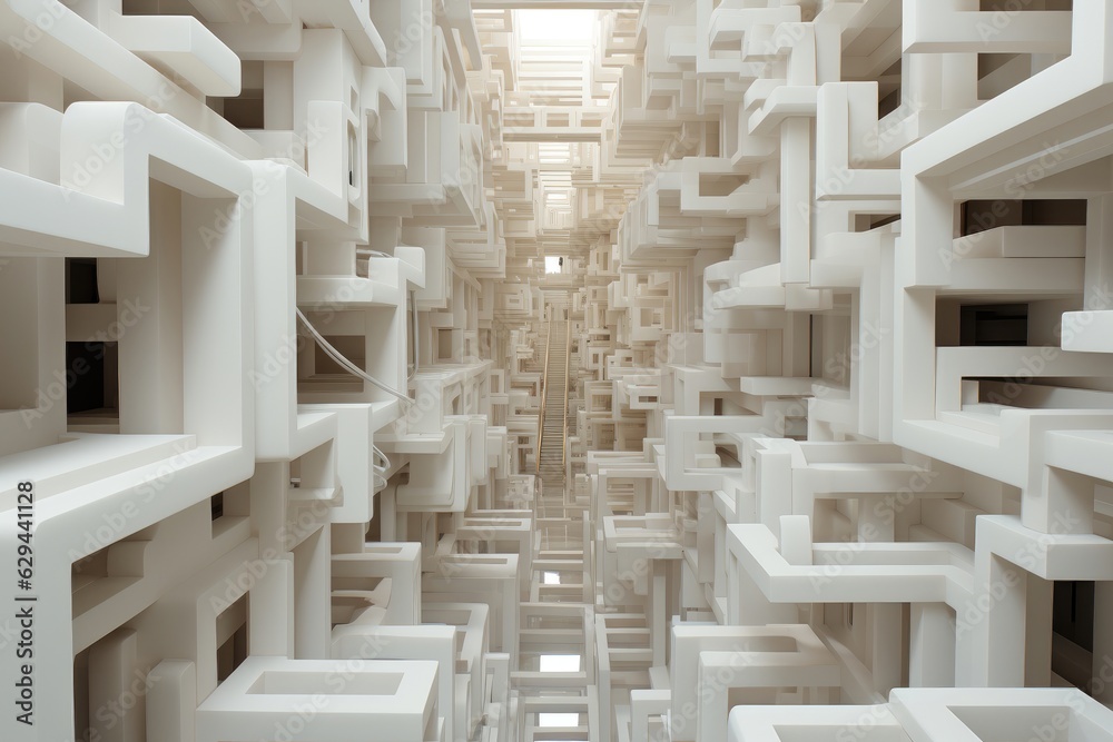 An abstract space with chaotic and complex geometric shapes intertwined, creating an intriguing and visually captivating environment. Photorealistic illustration An abstract space with chaotic and complex geometric shapes intertwined, creating an intriguing and visually captivating environment. Photorealistic illustration