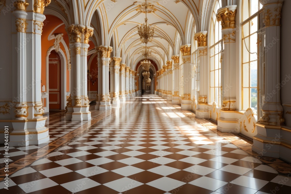 An opulent sunlit hallway exuding luxury, with its white European-style interior adorned with intricate gold decorations. Photorealistic illustration