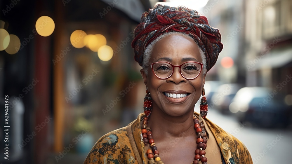 Happy african american senior woman smiling on camera outdoor at the street location Happy african american senior woman smiling on camera outdoor at the street location