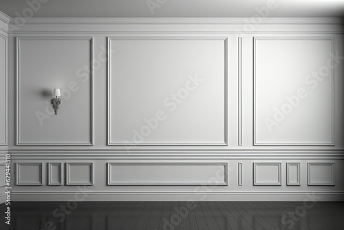 A white wall with wainscoting serving as a captivating background image. Photorealistic illustration