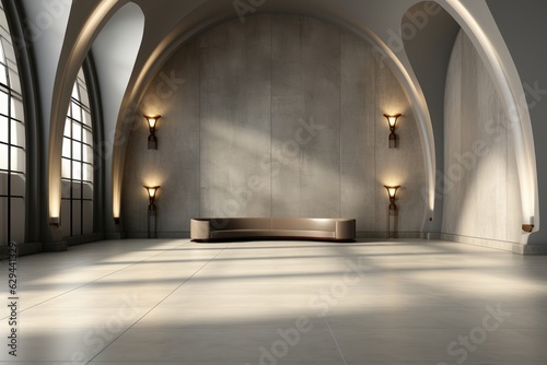 An image  acting as a background for a scene  depicting a sunlit concrete room with a sofa positioned in the center. Photorealistic illustration