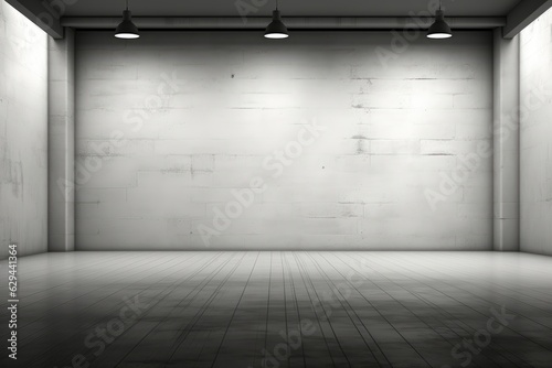 A background image featuring a concrete room with ambient lighting provided by ceiling lamps. Photorealistic illustration