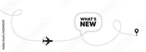 Whats new tag. Plane travel path line banner. Special offer sign. New arrivals symbol. Whats new speech bubble message. Plane location route. Dashed line. Vector