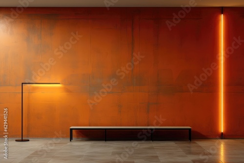 A vibrant background image for visual content  showcasing an orange color painted wall adorned with LED light strips and a bench. Photorealistic illustration