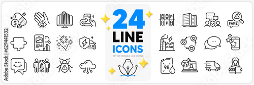 Icons set of Puzzle, Smile face and Best app line icons pack for app with Share call, Enterprise, Software bug thin outline icon. Medicine price, Cloud computing, Dots message pictogram. Vector