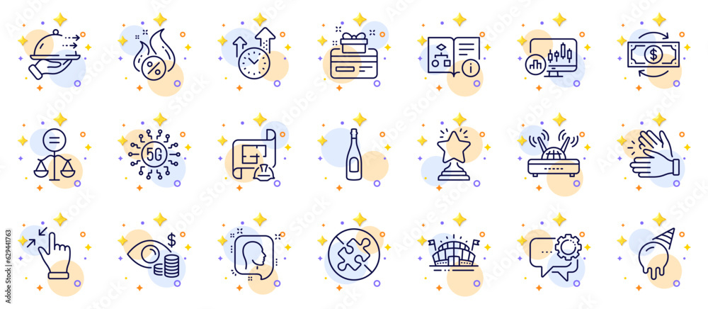 Outline set of Time management, Wifi and Engineering plan line icons for web app. Include Hot loan, Ice cream, Champagne pictogram icons. Employees messenger, 5g technology, Head signs. Vector