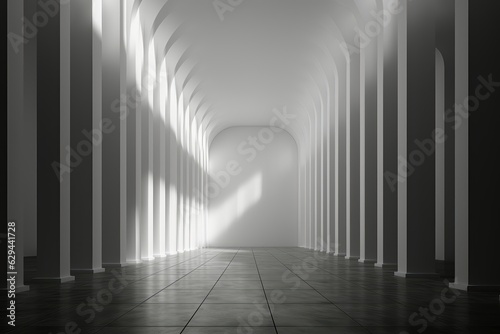 A background image showcasing a white hall with a high ceiling, adorned by numerous columns, and illuminated by sunlight streaming through. Photorealistic illustration