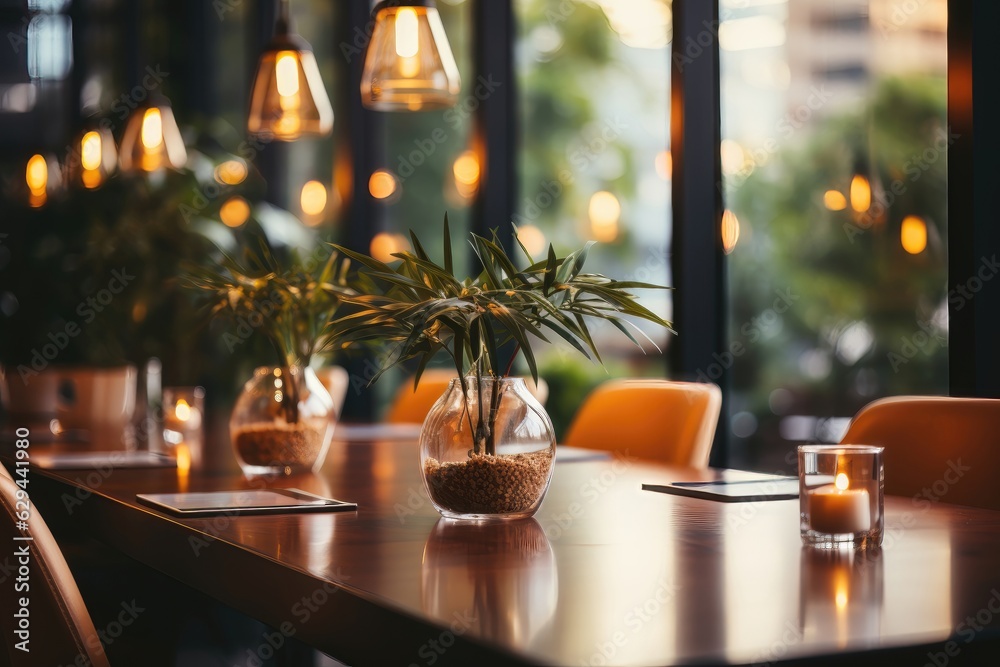 A background image, portraying a restaurant table with a field of depth, adorned with flickering candles and pendant lights. Photorealistic illustration