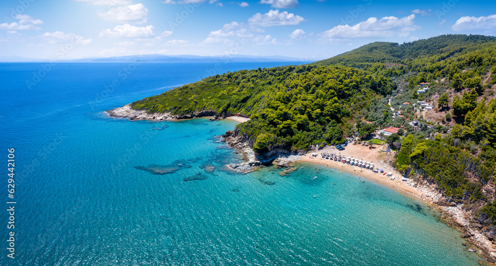 Panoramic aerial view of the little beach of Vromoneri, close to the fishing village Katigiorgis, Mounta Pelion, Greece