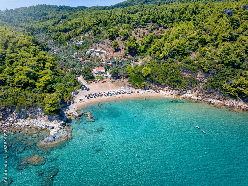 Aerial view of the little beach of Vromoneri, close to the fishing village Katigiorgis, Mounta Pelion, Greece