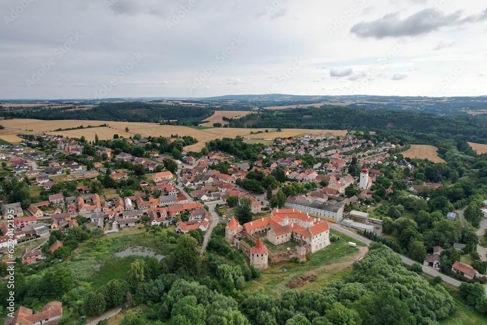 Cervena Recice castle and town with old city square aerial panorama view, czech cityscape,vysocina Region,Czechia,Europe
