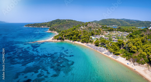 Fototapeta Naklejka Na Ścianę i Meble -  Aerial view of the popular Banana Beach at Skiathos island, Sporades, Greece, with fine sand and pristine sea