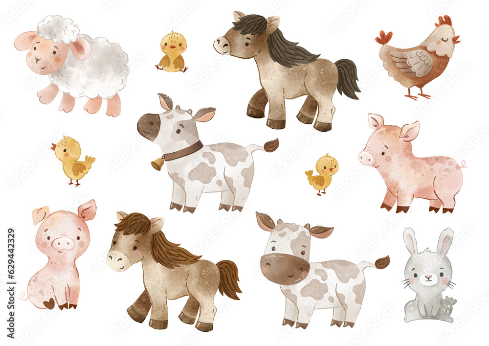 Obraz premium Cute farm isolated animals set. Watercolor country cow, pig, chicken, rabbit, horse characters. Little countryside residents collection, nursery, children books, posters, apparel.