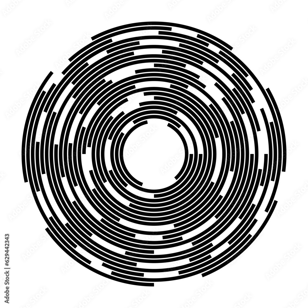 Concentric segments of circles. Lines following a circle path. Design element. Abstract geometric black shapes isolated on white background. Vector illustration. Concentric segments of circles. Lines following a circle path. Design element. Abstract geometric black shapes isolated on white background. Vector illustration.