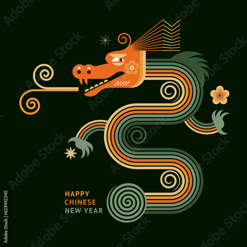  Chinese Happy New Year 2024. Year of the Dragon. Symbol of New Year. Green dragon in geometric flat modern style on a black background