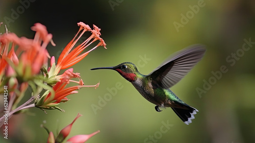 Tiny green colibri flying in front of an orange exotic flower. Generative AI.