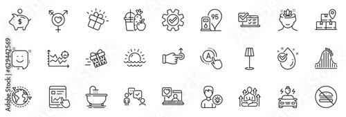 Icons pack as Seo analysis, Piggy bank and Delivery service line icons for app include No burger, Floor lamp, Service outline thin icon web set. Petrol station, Bath, Internet report pictogram. Vector