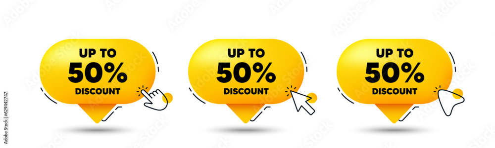 Up to 50 percent discount. Click here buttons. Sale offer price sign. Special offer symbol. Save 50 percentages. Discount tag speech bubble chat message. Talk box infographics. Vector Up to 50 percent discount. Click here buttons. Sale offer price sign. Special offer symbol. Save 50 percentages. Discount tag speech bubble chat message. Talk box infographics. Vector
