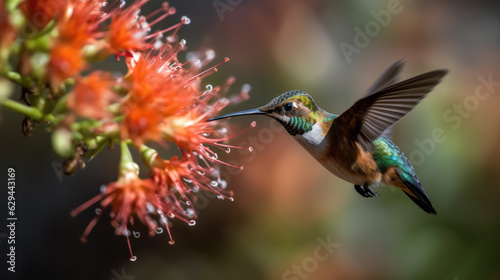 Tiny green colibri flying in front of an orange blooming flower. Generative AI.