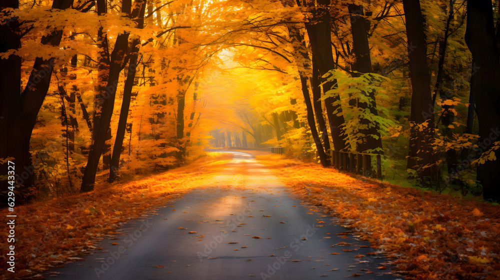 a road is lined with orange leaves in the autumn, autumn view in nature, Generative AI