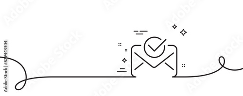 Approved mail line icon. Continuous one line with curl. Accepted or confirmed sign. Document symbol. Approved mail single outline ribbon. Loop curve pattern. Vector