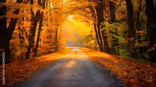 a road is lined with orange leaves in the autumn  autumn view in nature  Generative AI