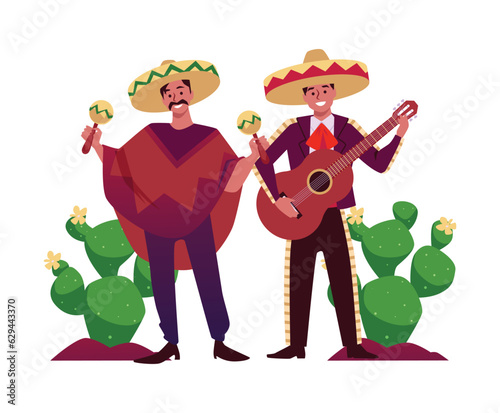 Smiling men in poncho and sombreros playing guitar and maracas flat style