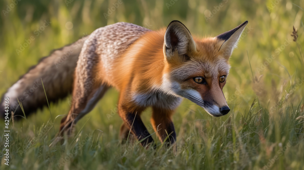 Close up of a beautiful redfox hunting on a short cutted meadow in the sun.  Generative AI.