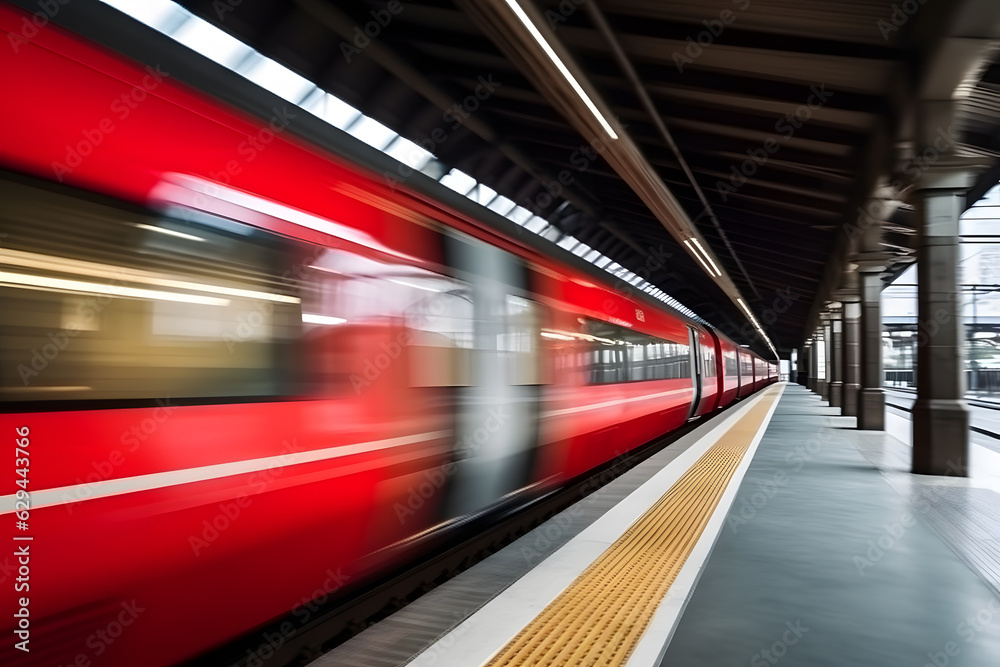 Panning shot of a speeding train passing through a railway station, capturing the sleek and streamlined motion of the train. Generative AI Panning shot of a speeding train passing through a railway station, capturing the sleek and streamlined motion of the train. Generative AI