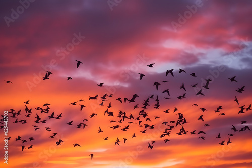 Panning shot of a flock of birds in flight against a colorful sunset sky. Generative AI