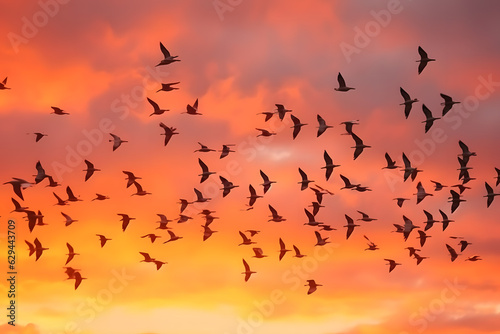 Panning shot of a flock of birds in flight against a colorful sunset sky. Generative AI
