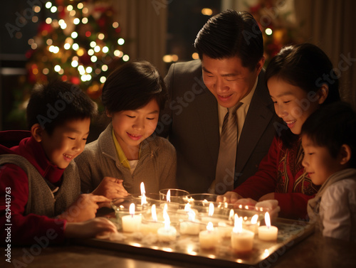 an Asian family comes together for a prayer and reflection session on Christmas Eve. They light candles, meditate, and offer gratitude for the blessings in their lives.