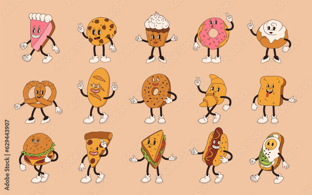 Obraz premium Vector cartoon retro mascot of different bread, desserts, cookies, cheeseburger and hotdog. Vintage style 30s, 40s, 50s old animation. The clipart is isolated on a beige background.