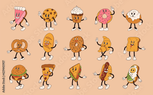 Vector cartoon retro mascot of different bread, desserts, cookies, cheeseburger and hotdog. Vintage style 30s, 40s, 50s old animation. The clipart is isolated on a beige background.