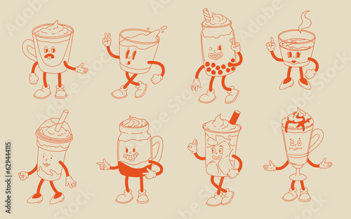 Retro groovy set with coffee mascot, cartoon characters, funny colorful doodle style characters, cappuccino, cocoa, latte, espresso. Vector illustration on beige isolated background.