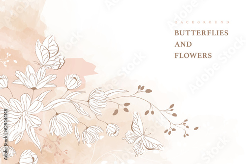 pink botanical background with flowing composition of flowers and butterflies vector
